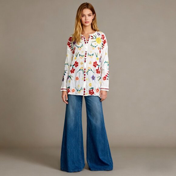 NWOT Johnny Was Texa Embroidered Floral Top Button-Down Tunic Shirt Blouse Sz S - Picture 1 of 15